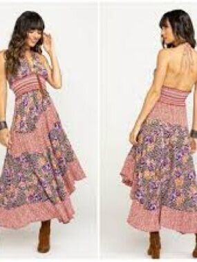 Free People Gabriella Halter Maxi Dress in Pink, Purple and Orange Sz S